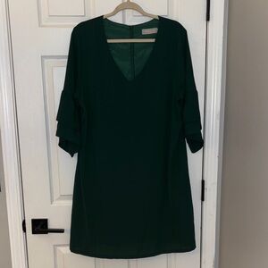 Forest Green V-Neck Ruffle Sleeve Shift Dress XL